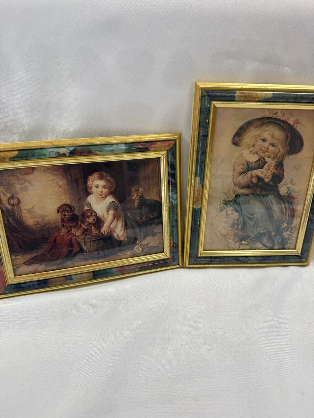 Vintage Victorian Children Prints Framed 5x7 Pair Dog Kittens Cottagecore Art
